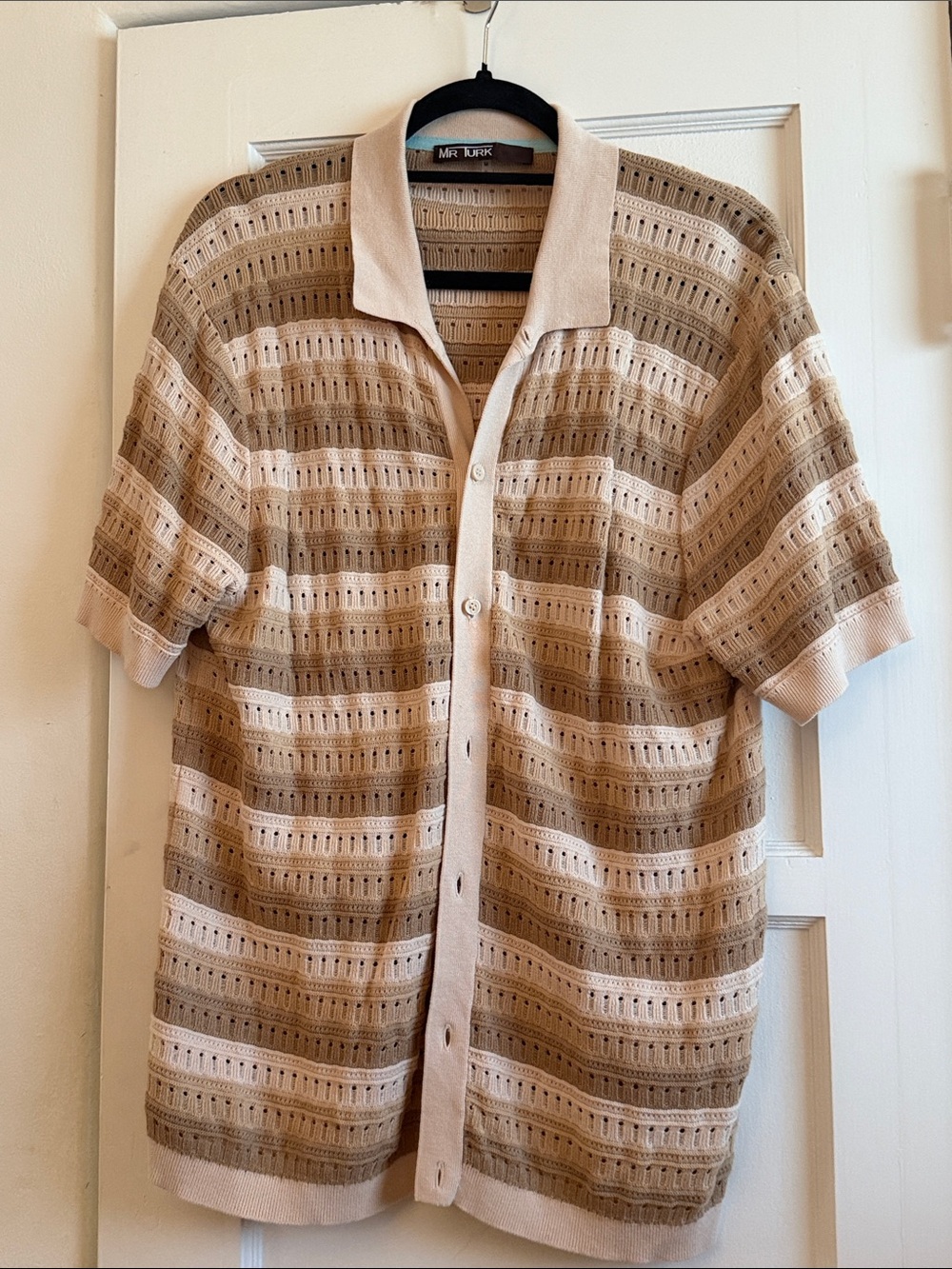 Mr. Turk Beige & Tan Short-Sleeve Open-Knit Polo Cardigan